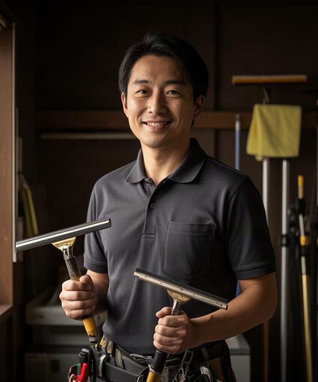 窓ガラス清掃専門店の代表吉田修一が葛飾区奥戸の事務所で仕事道具を手にしている姿