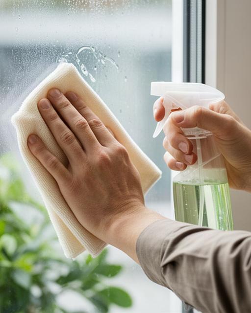 植物由来の洗剤で窓を拭き上げる手元