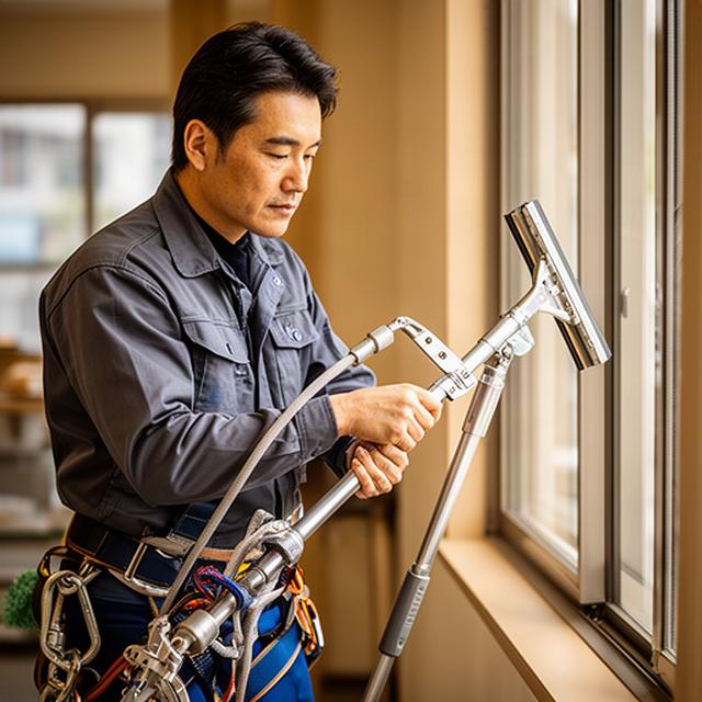 窓清掃歴10年のリーダーが高所作業用の道具を確認する様子