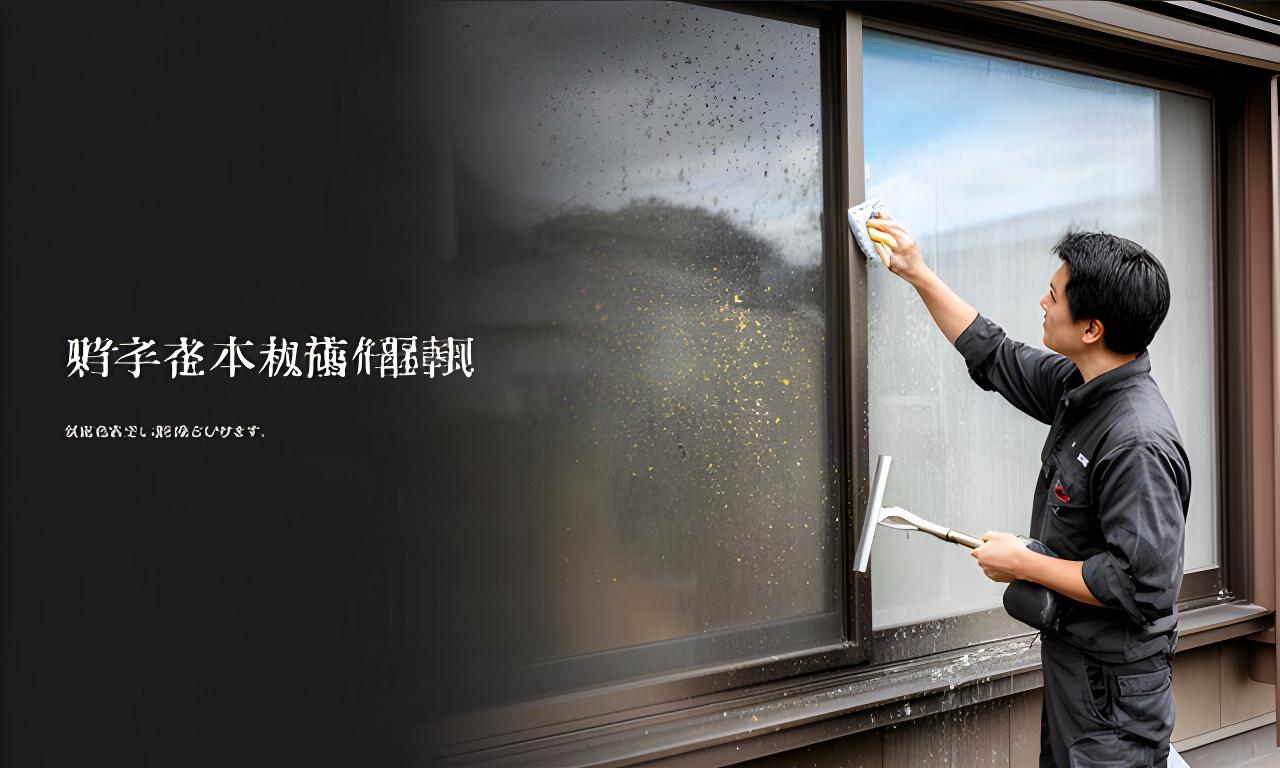 雨染みと花粉で曇った戸建ての窓を専用道具で清掃する作業風景