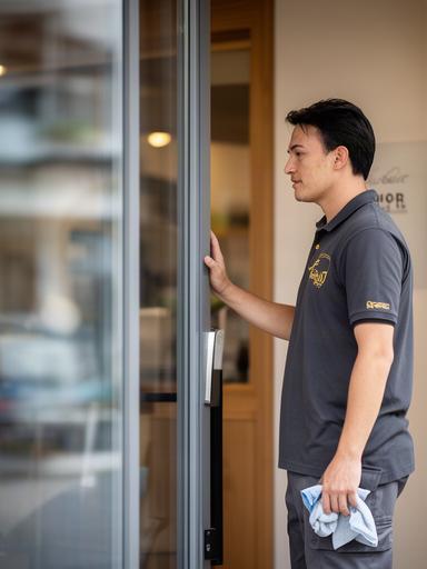 店舗入口で作業後の窓を確認する清掃スタッフ
